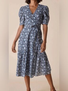 NWT ST. Roche Pearl Organic Cotton Floral Wrap Midi Dress Blue Handwoven